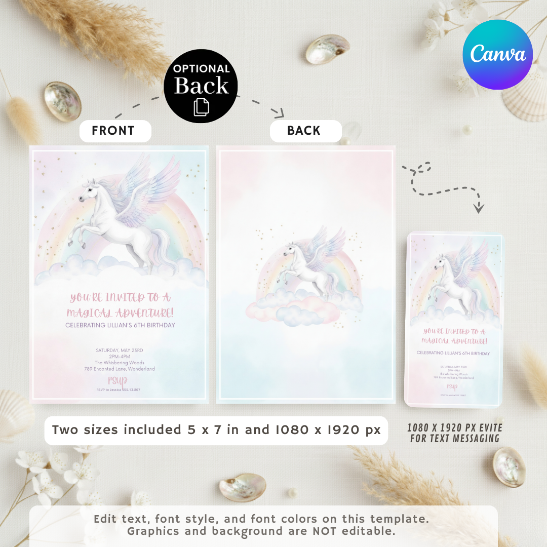 Pegasus Birthday Invitation Template | Magical Rainbow Party Invite for Girl | Editable Canva Evite | Printable 6th Birthday | Instant Download