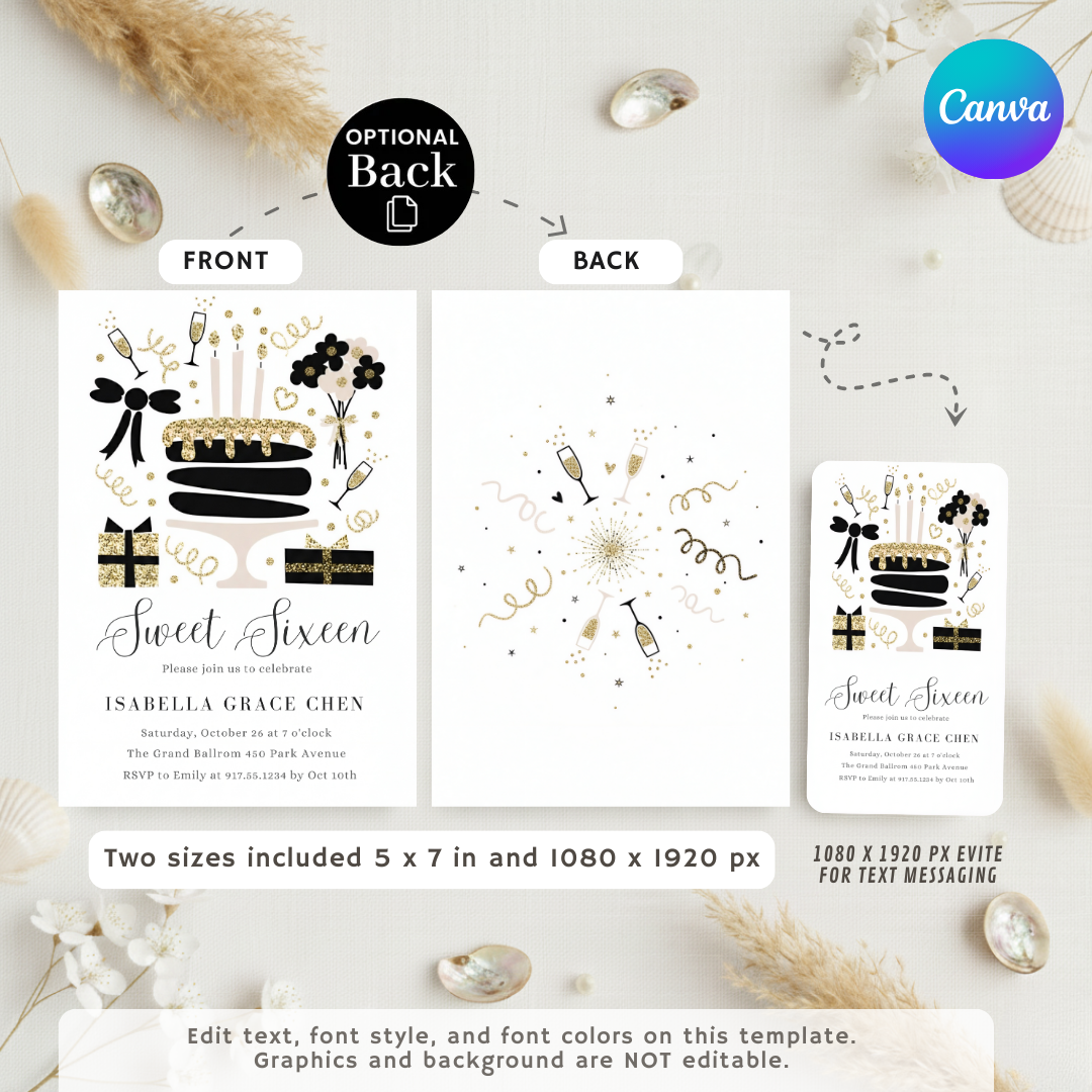 Elegant Sweet Sixteen Invitation | Black and Gold Glitter 16th Birthday Invite for Her | Editable Canva Template | Printable & Digital Download
