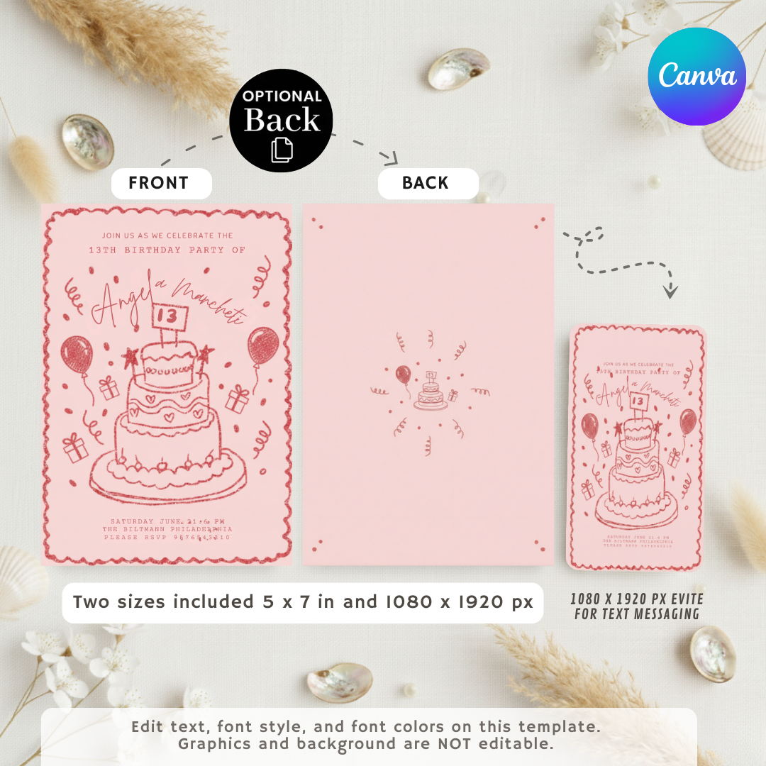 Girl's 13th Birthday Invitation Template | Editable Teen Birthday Invite | Pink Doodle Cake Party | Printable Digital Evite | Instant Download