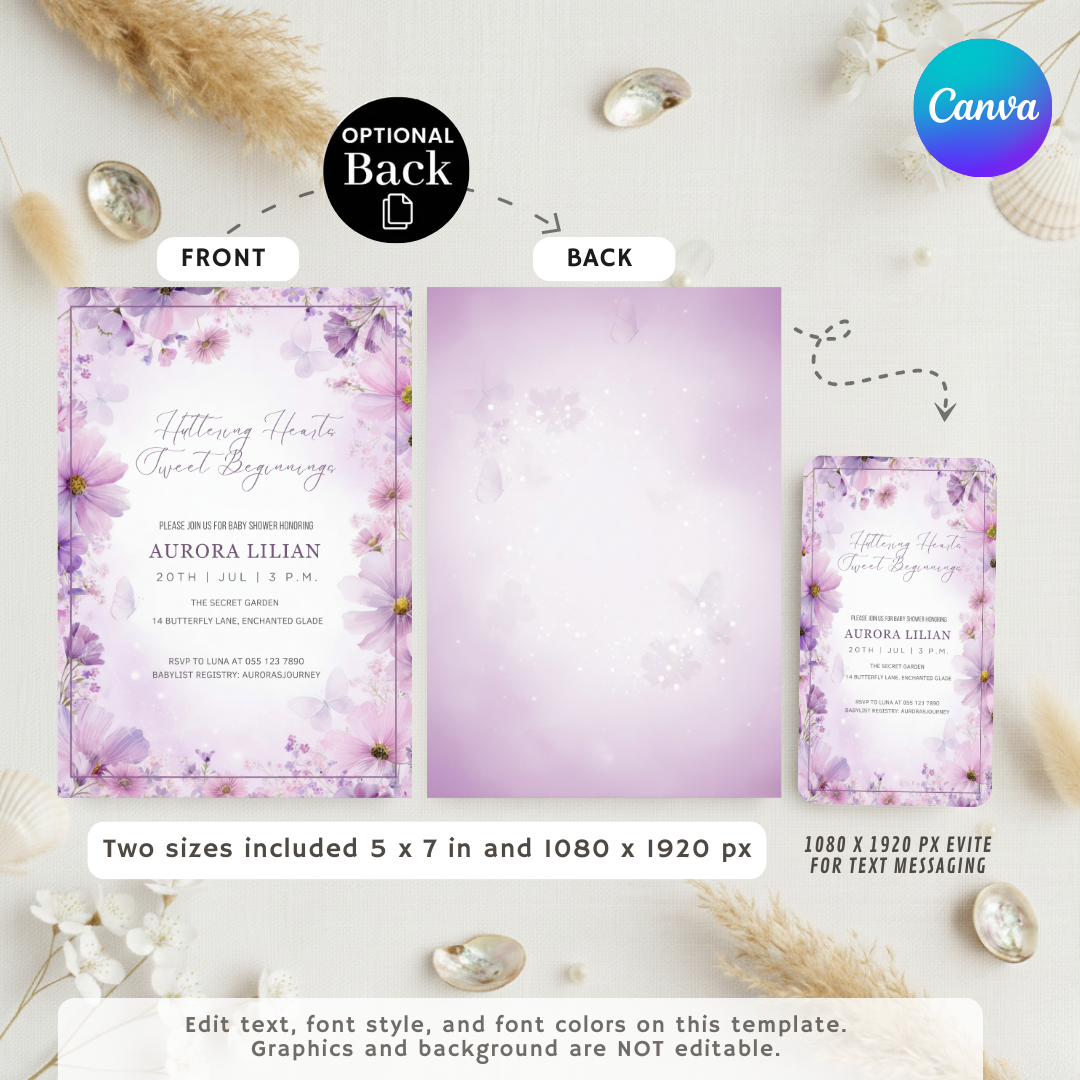 Butterfly Baby Shower Invitation Girl | Editable Purple Floral Garden Invite | Whimsical Wildflower Template | Digital Download | Printable 5x7