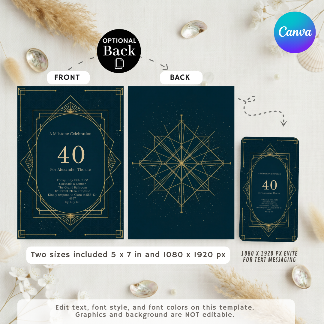 Art Deco 40th Birthday Invitation For Him | Editable Gatsby Party Template | Roaring 20s Milestone Invite | Printable & Digital Evite