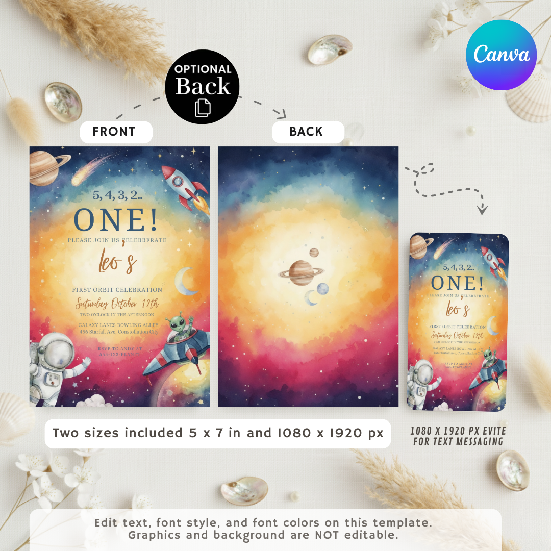 Boy's First Orbit Birthday Invitation Template | Editable Outer Space Party Invite | Astronaut Galaxy 1st Birthday | Printable Digital Download
