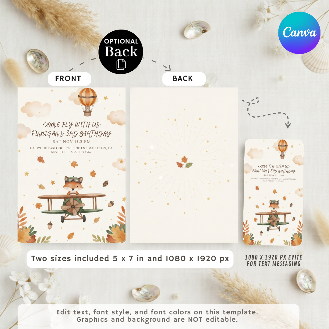 Boy's 3rd Birthday Invitation | Editable Fox Airplane Party Invite | Come Fly With Us Template | Autumn Woodland Theme | Digital & Printable