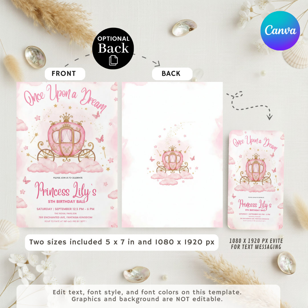 Princess Birthday Invitation Girl | Pink Gold Carriage Invite | Editable Fairytale Royal Ball Template | Instant Download | Digital Evite