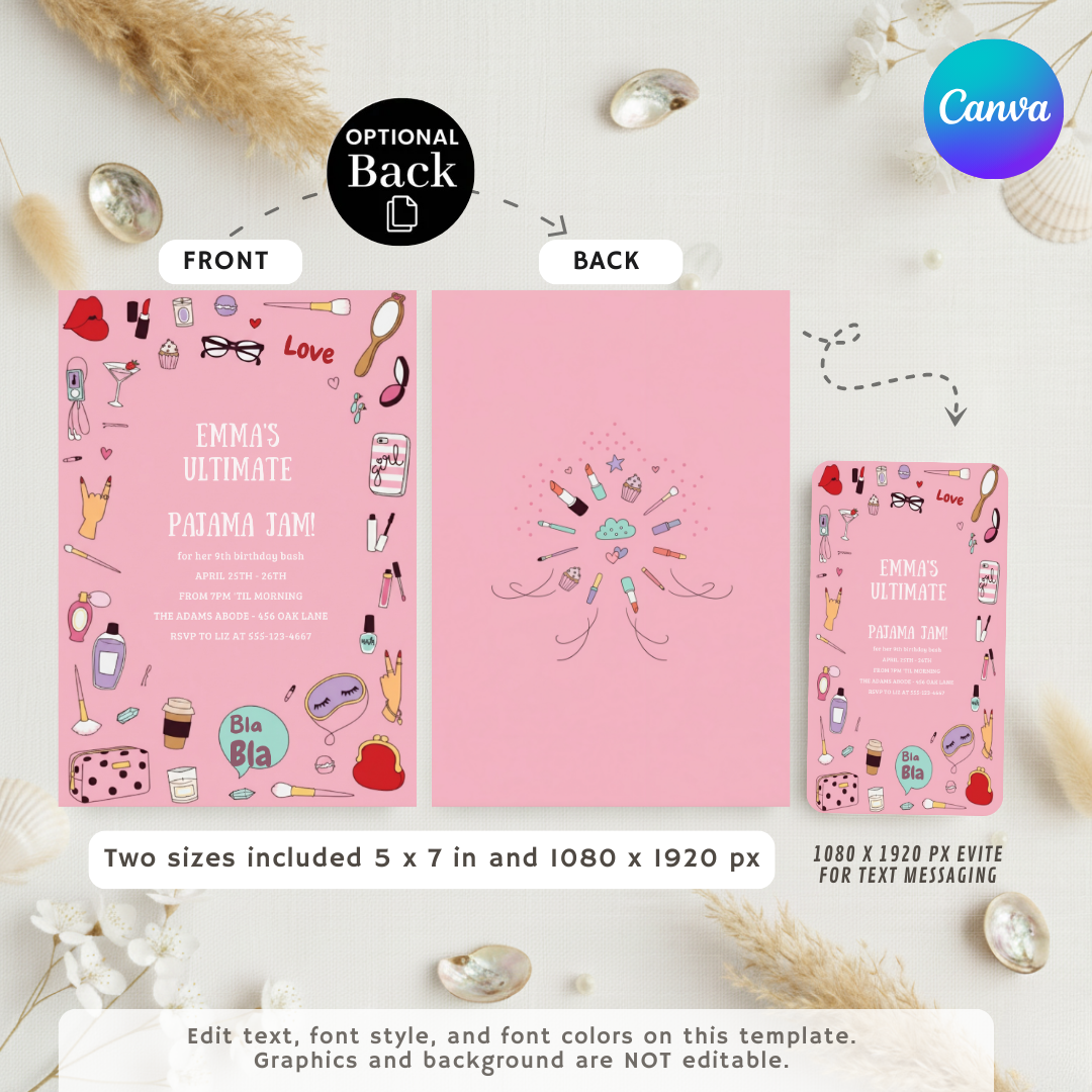 Girl's Pajama Jam Birthday Invite | Editable Sleepover Party Template | Pink Makeup Slumber Party | Instant Download | Printable Digital Evite