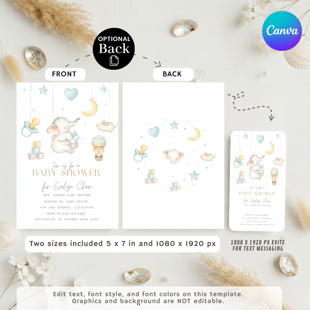 Elephant Baby Shower Invitation Boy or Girl | Editable Star & Moon Invite | Watercolor Animal Template | Printable Digital | Instant Download