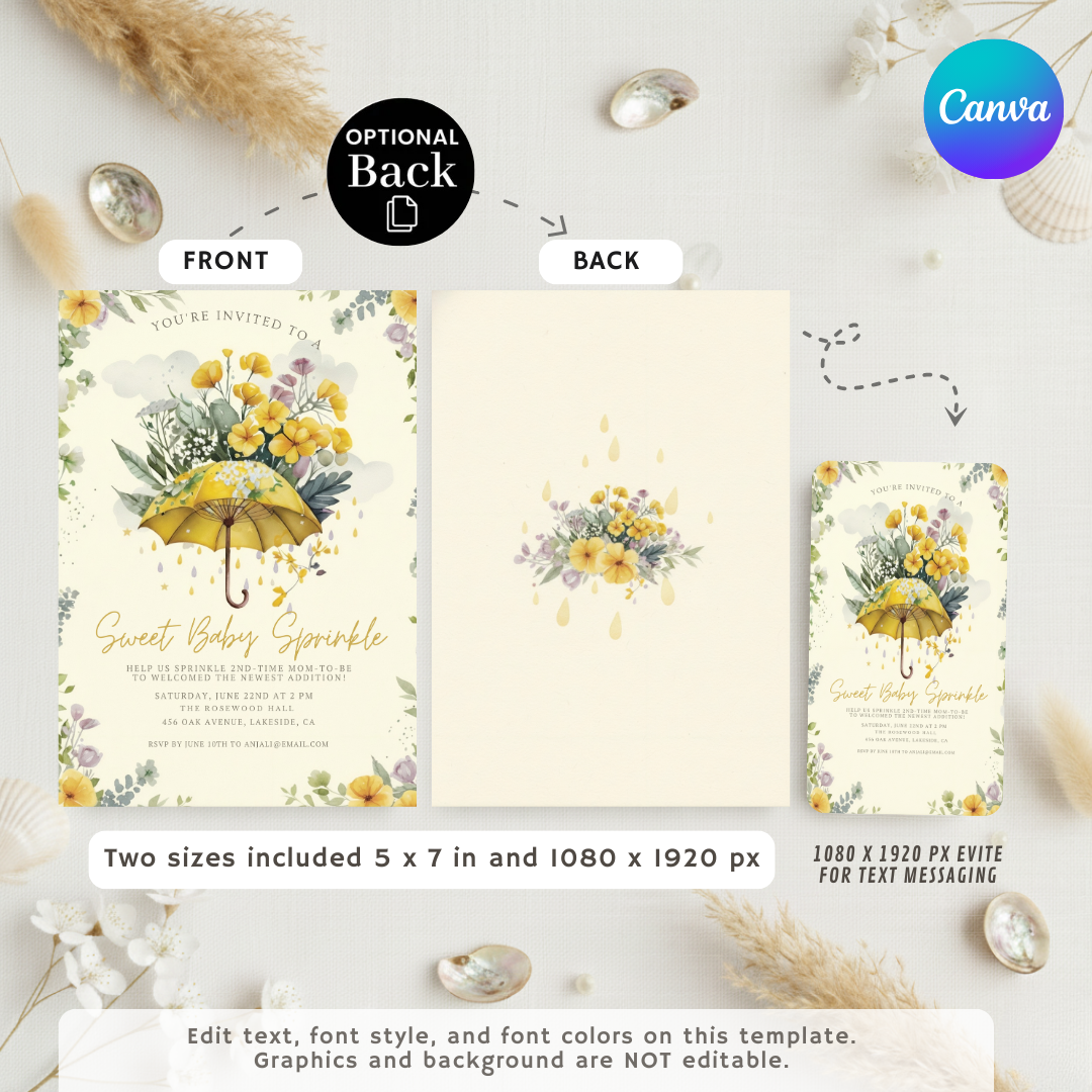 Baby Sprinkle Invitation Template | Yellow Umbrella Floral Invite | Editable Sprinkle for Boy or Girl | Watercolor 2nd Baby Shower | Printable