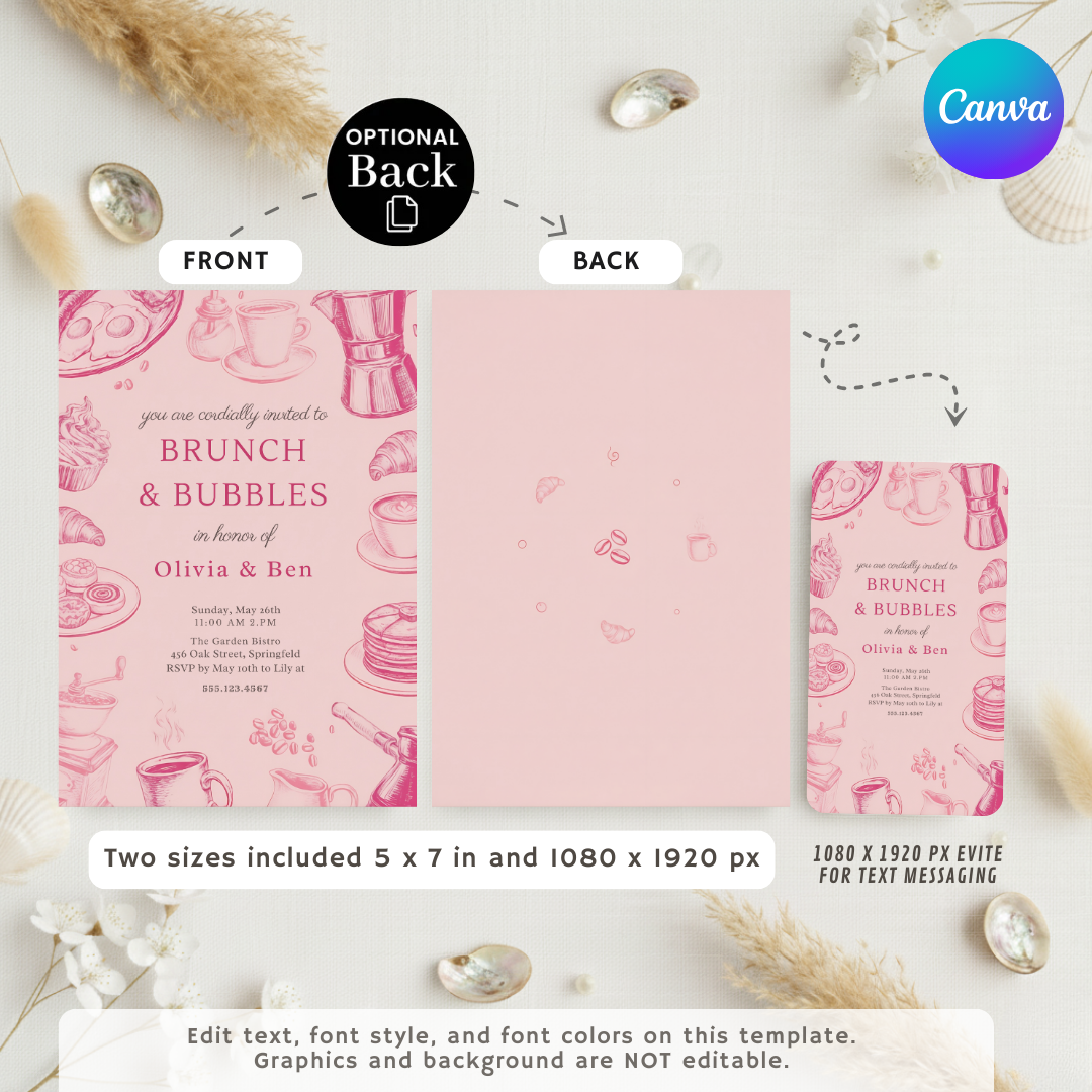 Brunch and Bubbles Invitation Template | Editable Couples Shower Invite | Printable Bridal Shower | Pink Engagement Party | Instant Download