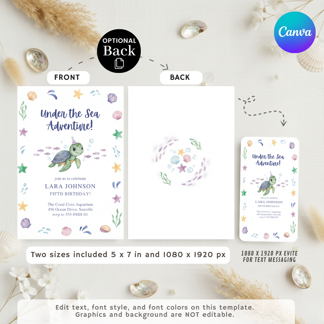 Under the Sea Birthday Invitation | Turtle Party Invite for boys and girls | Editable Ocean Adventure Template | Printable | Instant Download