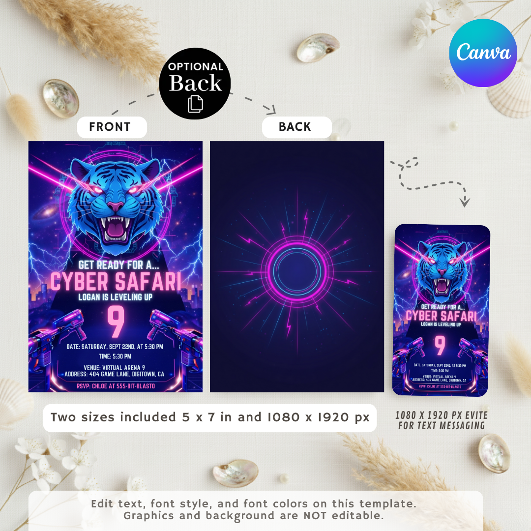 Boy's Birthday Invitation | Editable Cyber Safari Gamer Party Invite | Neon Tiger Video Game Template | Futuristic Level Up Invite | Printable