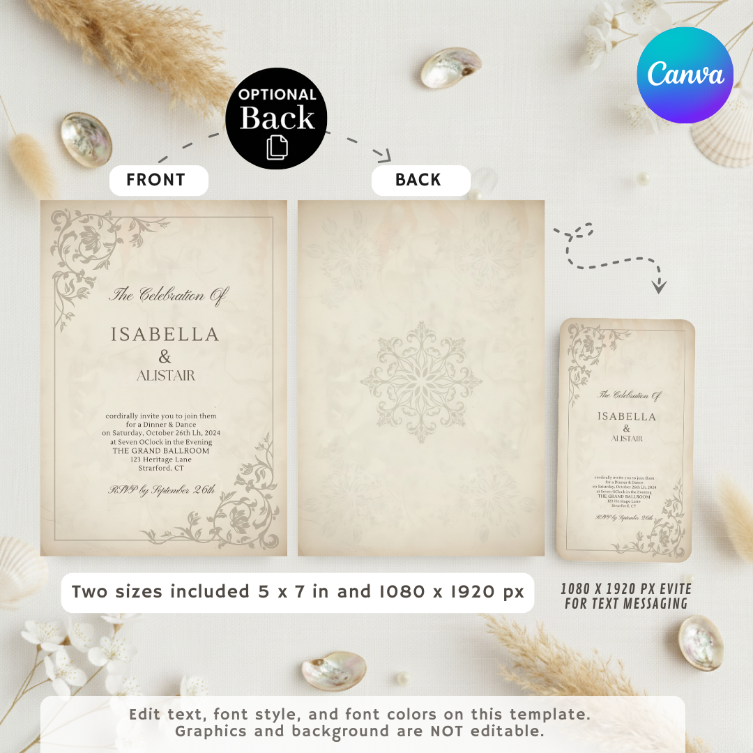 Elegant Wedding Invitation Template | Classic Vintage Invite | Editable Canva Printable | Formal Floral Wedding Suite | Instant Download Digital