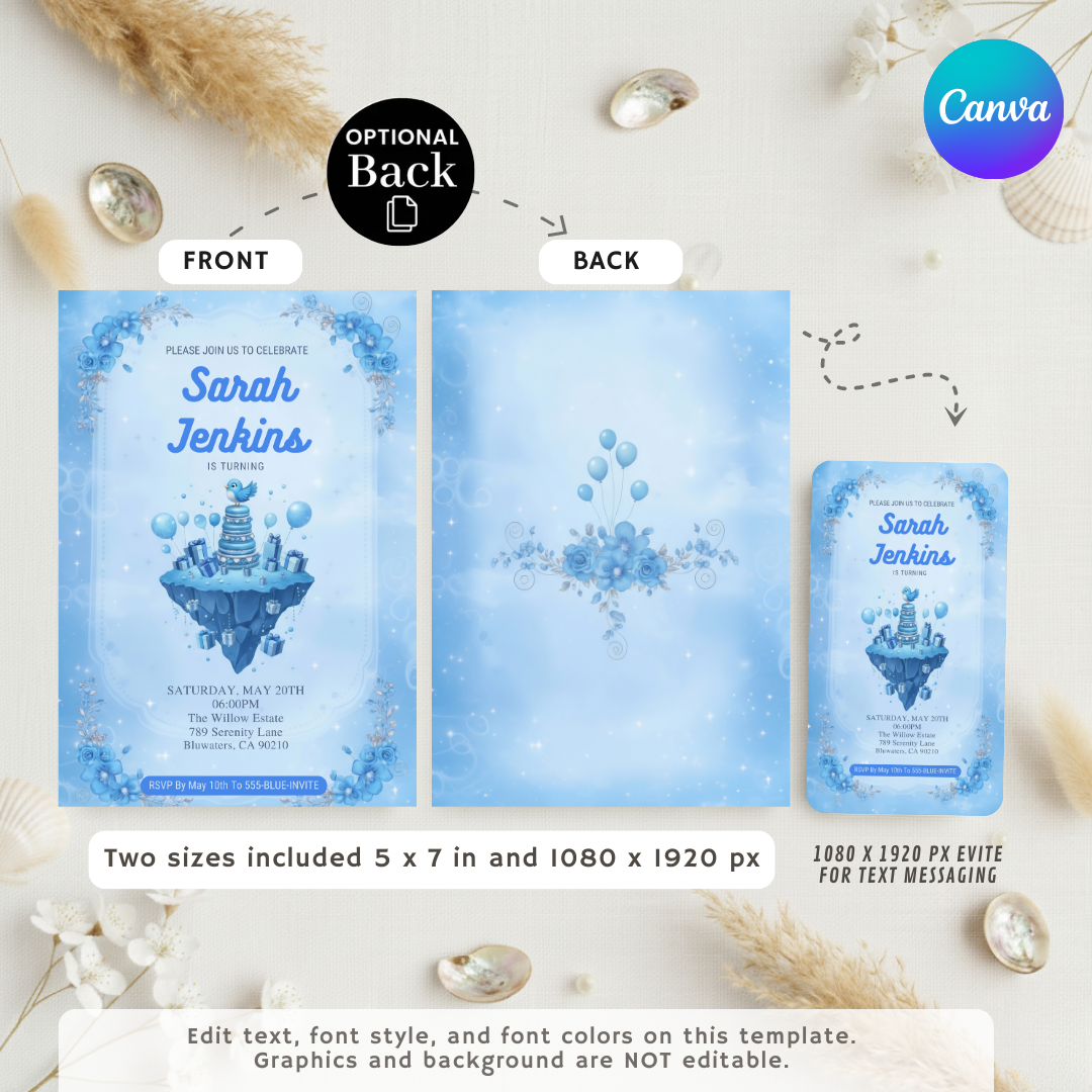 Blue Bird Birthday Invitation Template | Girl's Magical Sky Party Invite | Whimsical Blue Floral Editable Evite | Instant Download Printable