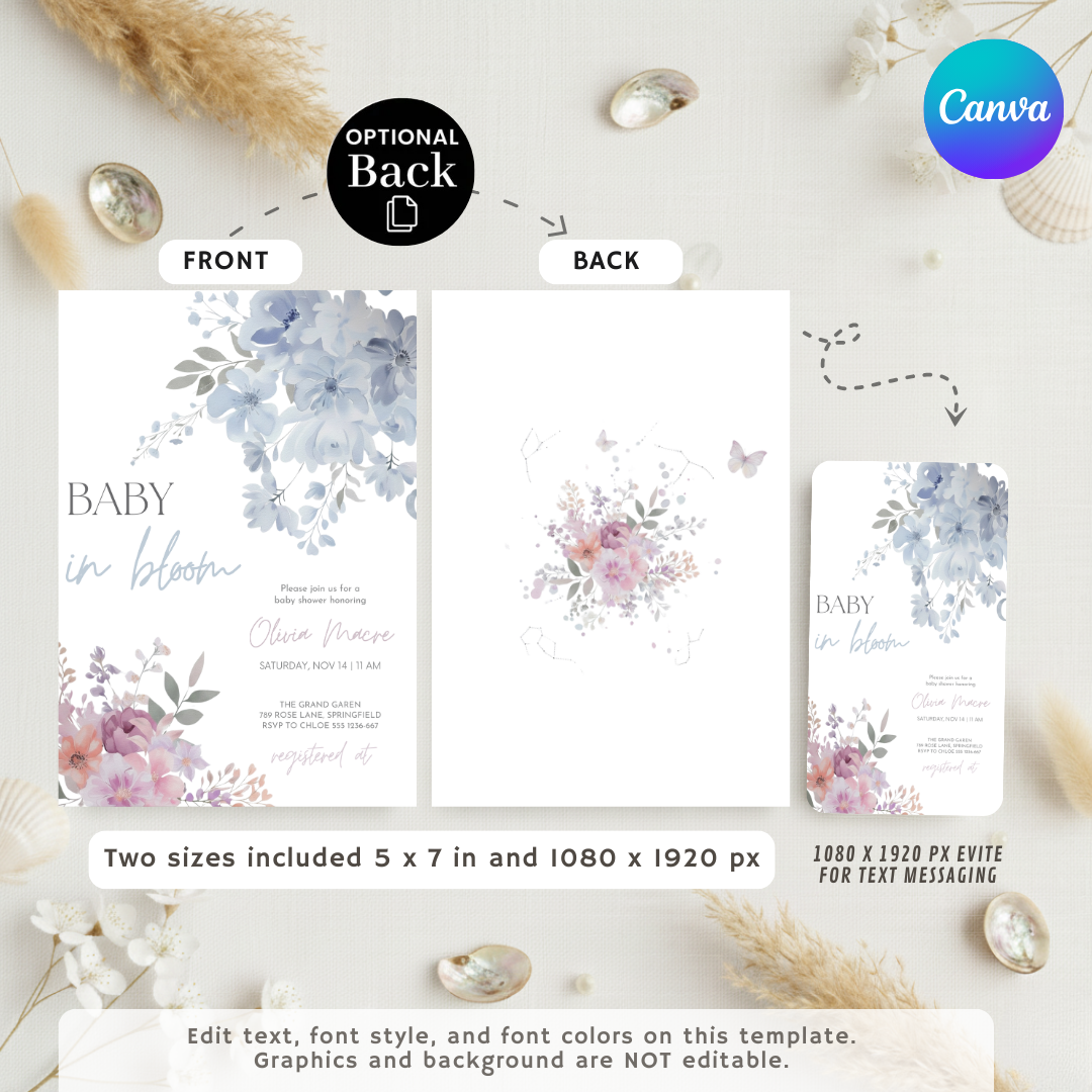 Baby in Bloom Baby Shower Invitation | Editable Celestial Floral Invite Template | Butterfly Boy or Girl Shower | Printable Digital Download