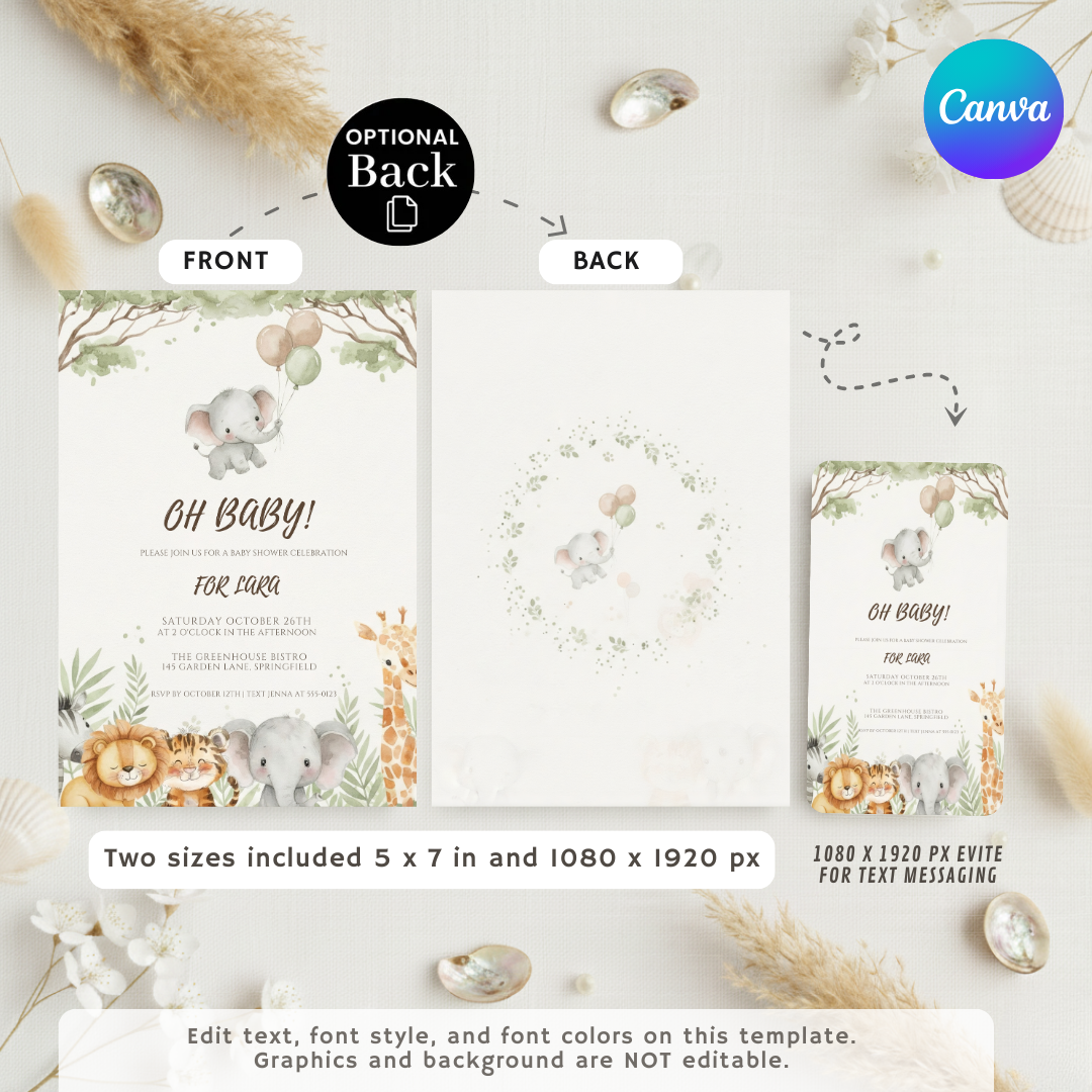 Editable Jungle Safari Invitation Template | Watercolor Animal Party Invite | Printable Instant Download