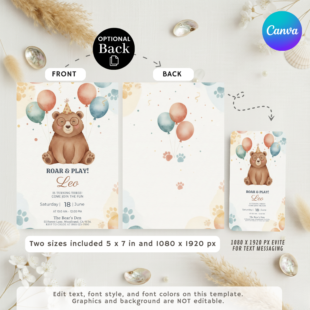 Bear 3rd Birthday Invitation Boy or Girl | Editable Woodland Animal Party Invite | Roar & Play Template | Printable Digital Instant Download