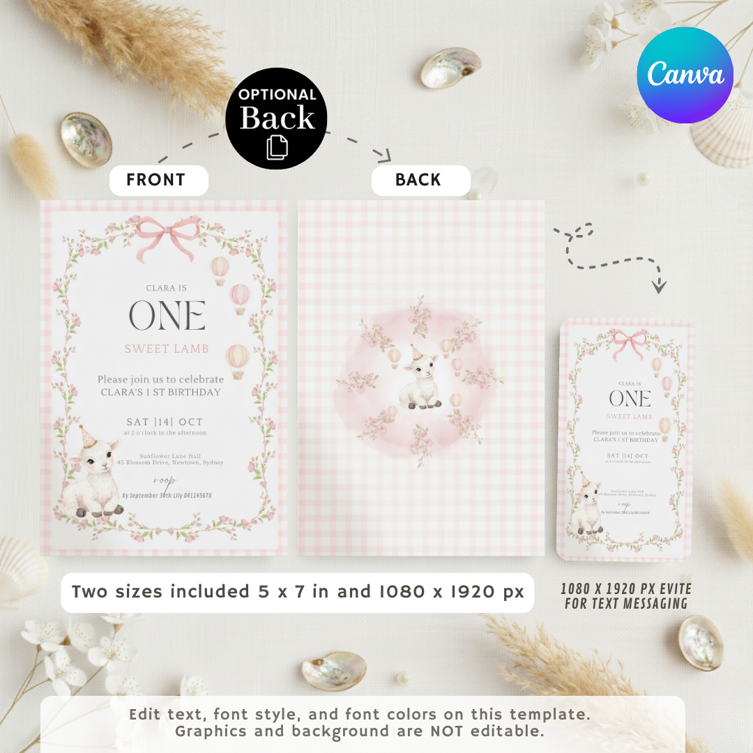 Girl's First Birthday Invitation | Editable Sweet Lamb Template | Pink Floral Farm Animal Party Invite | Printable 1st Birthday | Instant Download