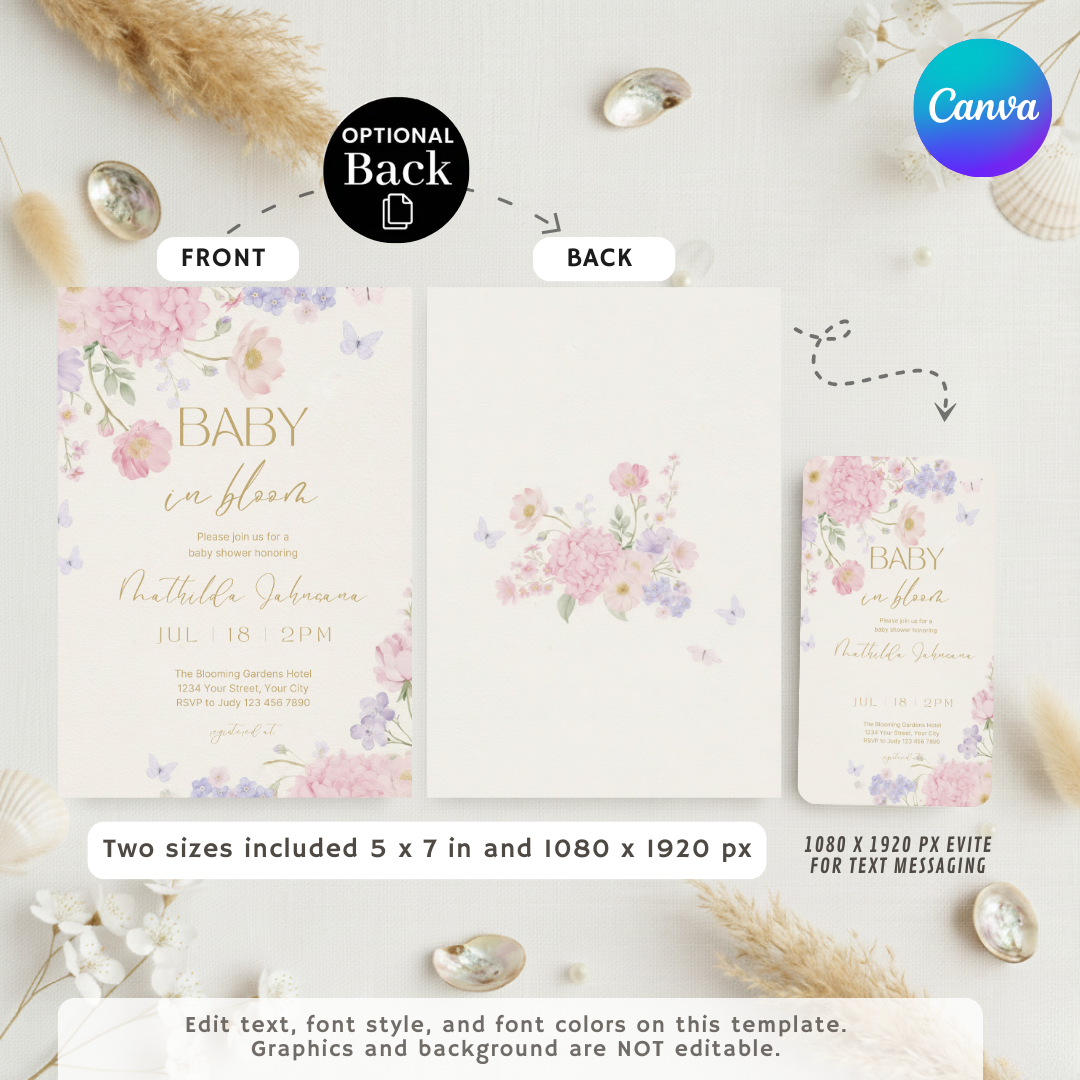 Baby in Bloom Baby Shower Invitation Girl | Editable Floral Template | Butterfly Garden Party Invite | Printable Digital Instant Download