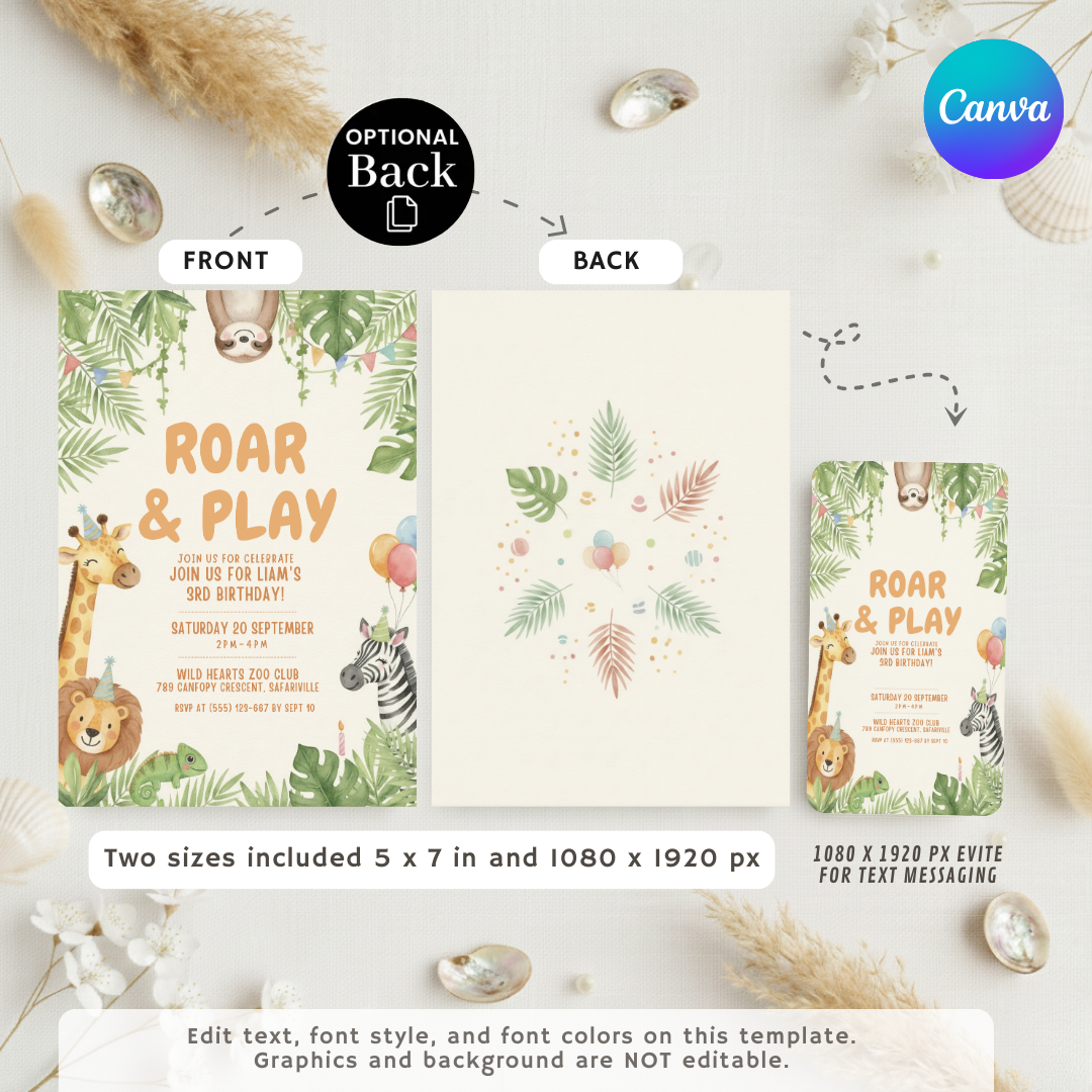 Jungle Birthday Invitation for Boy or Girl | Editable Safari Animal Party Invite | Roar & Play 3rd Birthday | Printable Instant Download