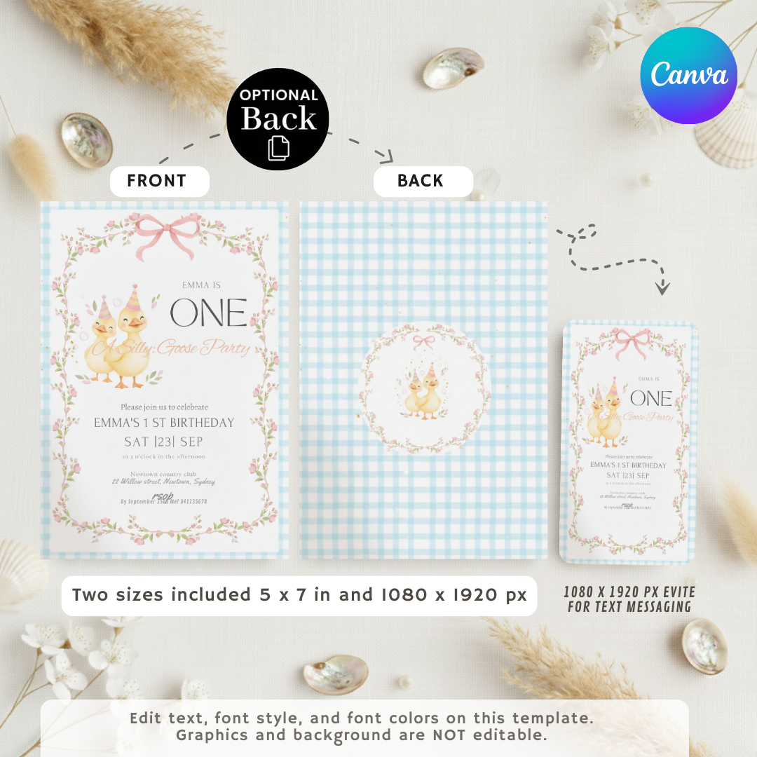 Silly Goose First Birthday Invitation Girl | Editable Duck Party Template | Whimsical 1st Birthday Invite | Pink Floral | Instant Download