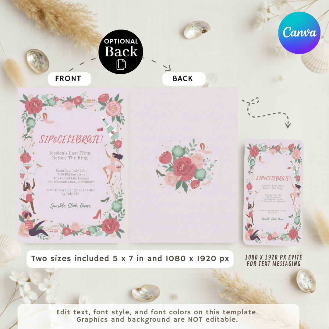 Editable Bachelorette Party Invitation | Sip and Celebrate Template | Last Fling Before the Ring | Floral Bridal Shower Invite for Her | Canva