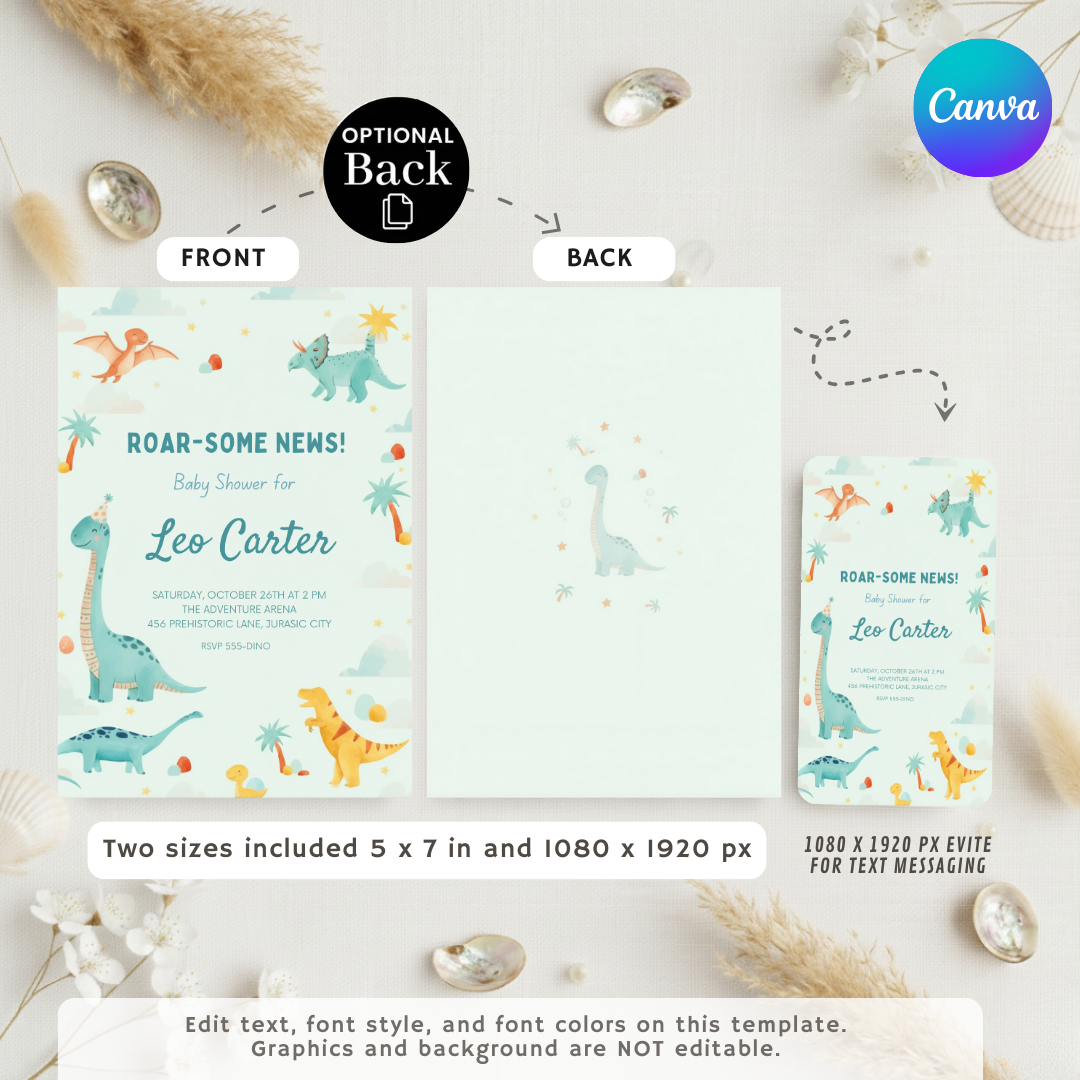 Dinosaur Baby Shower Invitation for Boy | Editable Roar Some News Invite | Watercolor Dino Template | Printable & Digital | Instant Download