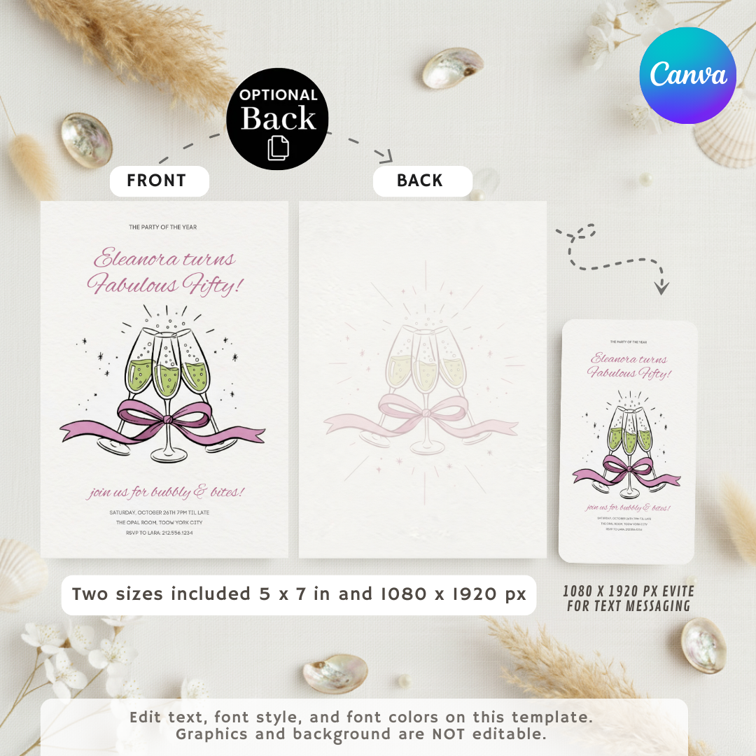 Fabulous Fifty Birthday Invitation For Her | Editable 50th Birthday Party Invite | Champagne Toast | Bubbly & Bites | Digital Download Template