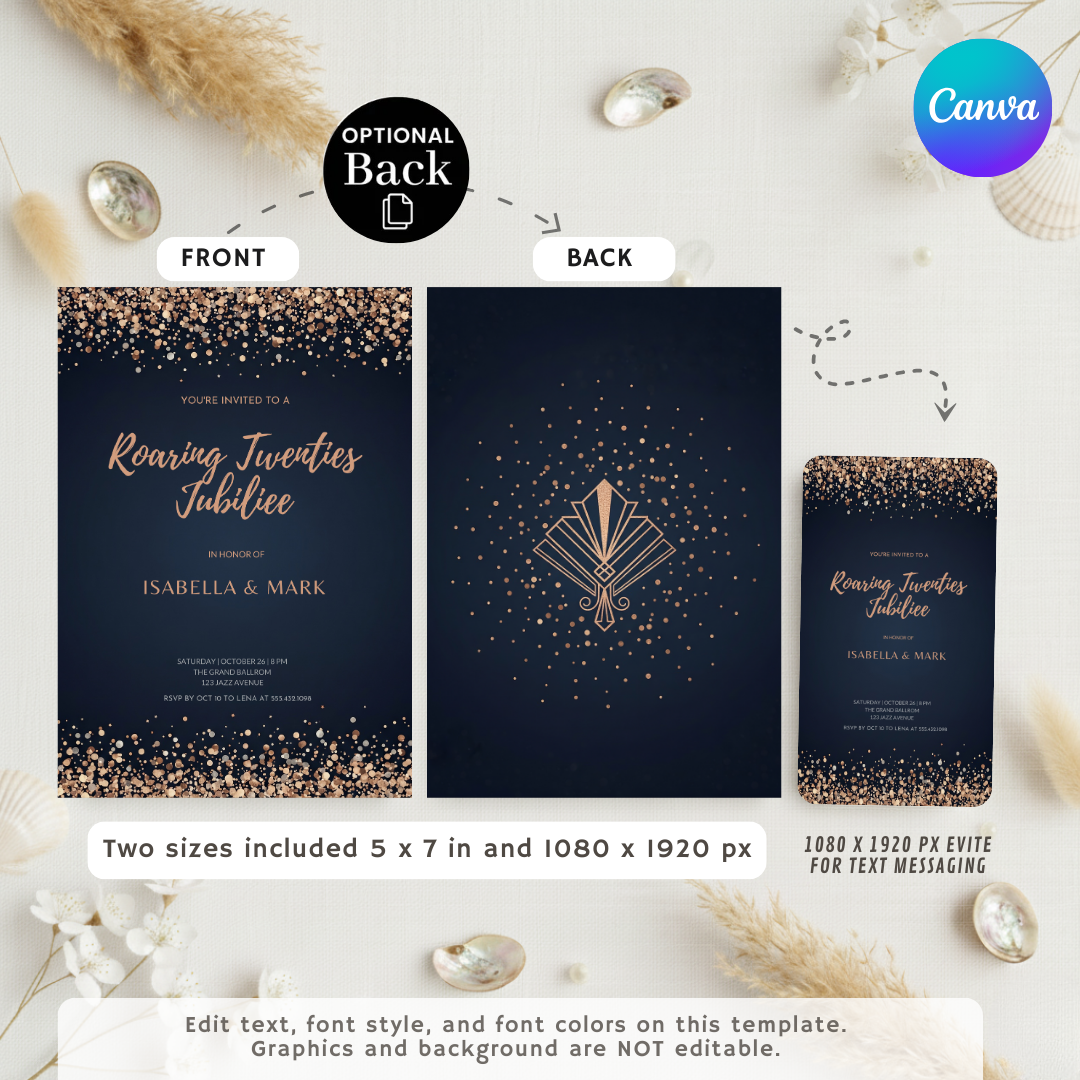 Roaring Twenties Invitation Template | Editable Great Gatsby Party Invite | Art Deco Birthday | Digital Download | Printable 5x7 | Navy Rose Gold