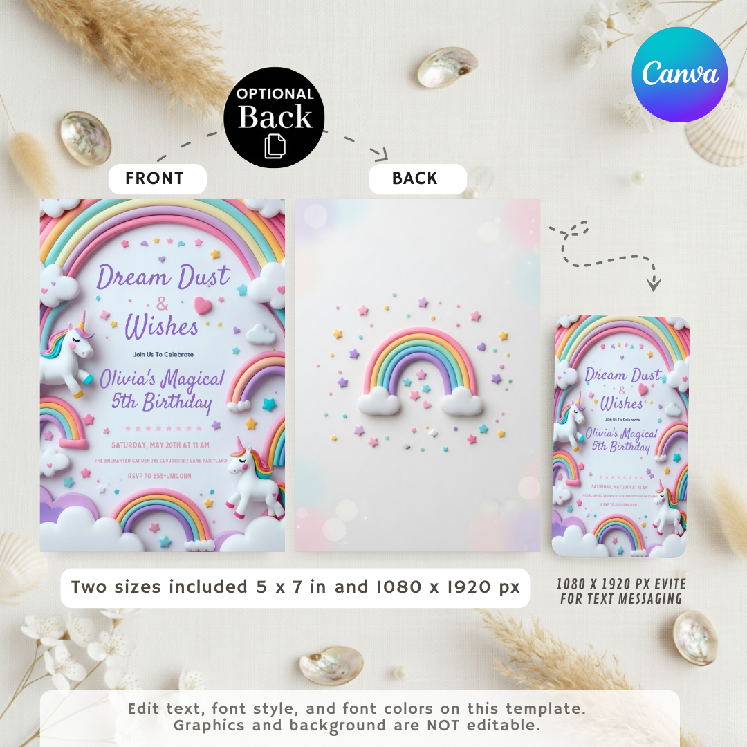 Editable Unicorn Birthday Invitation Girl | Magical Rainbow Party Invite Template | Pastel Clouds & Stars | Digital Evite | Instant Download
