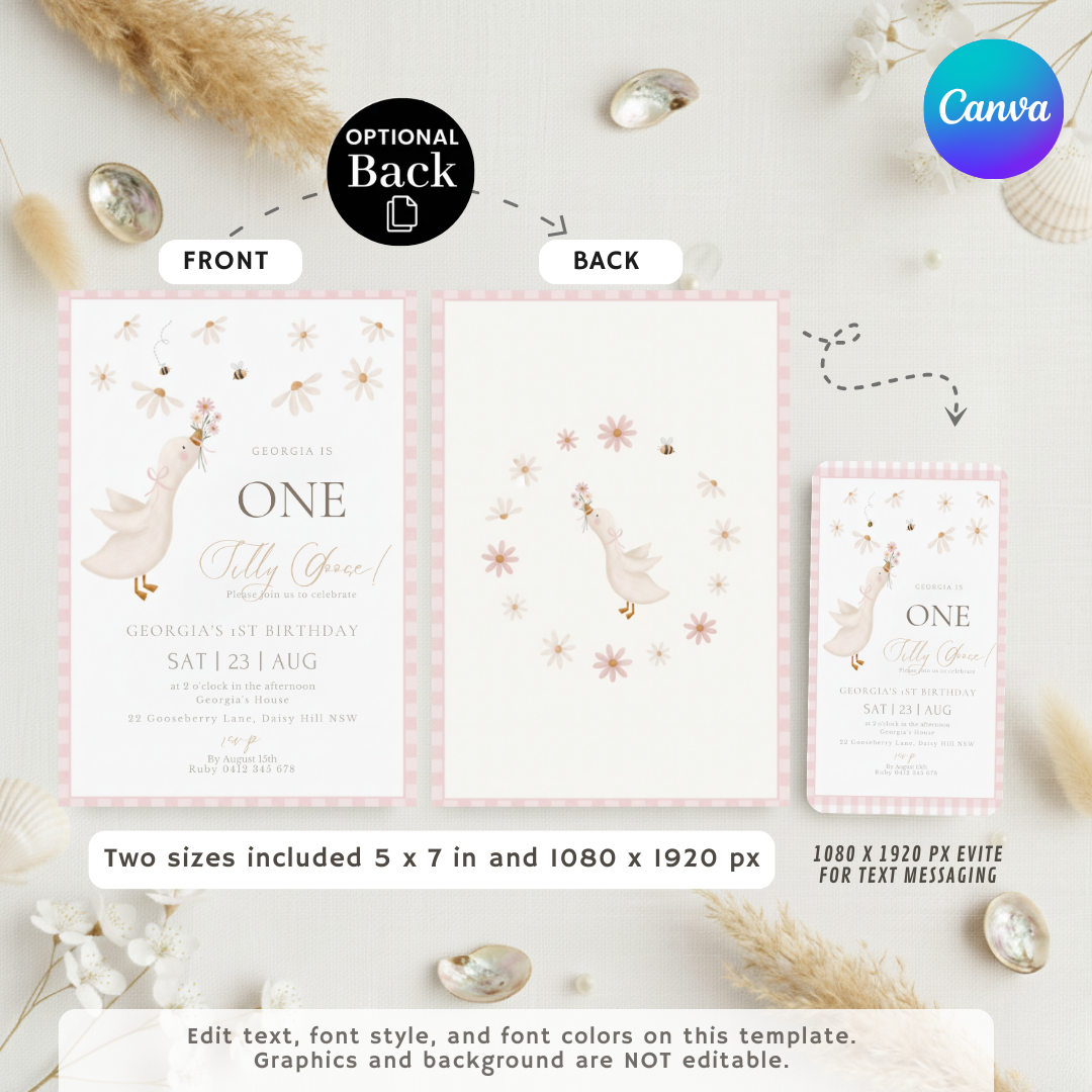 Silly Goose Birthday Invitation Girl | Editable 1st Birthday Invite Template | Daisy Floral Party | Pink Gingham Evite | Instant Download
