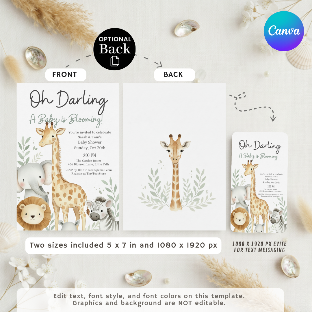 Safari Baby Shower Invitation | Editable Jungle Animal Invite Template | Boy or Girl | Oh Darling Theme | Printable & Digital | Instant Download