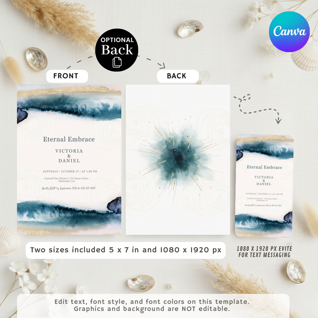 Ocean Wedding Invitation Template | Editable Blue Gold Watercolor Invite | Modern Coastal Beach Wedding | Printable Canva Evite | Instant Download