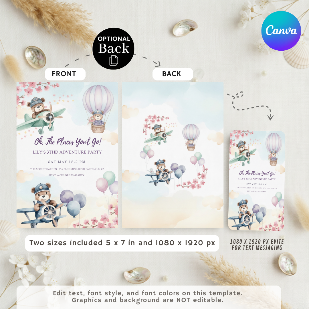Oh The Places You'll Go Birthday Invitation | Girl's Adventure Party Invite | Editable Teddy Bear Template | Printable 3rd Birthday | Digital