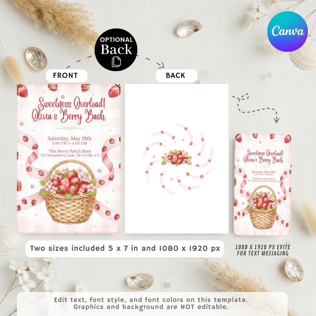 Strawberry Birthday Invitation Girl | Berry First Birthday Invite Template | Editable Sweetness Overload Party | Printable Digital Instant Download