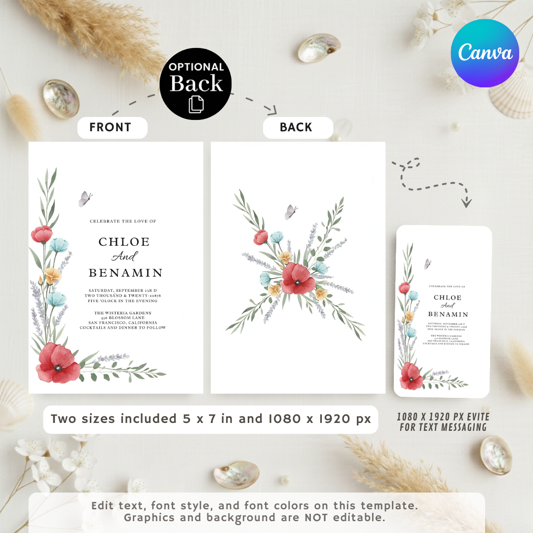 Editable Wedding Invitation Template | Watercolor Floral Invite | Garden Party Wedding | Printable Poppy & Lavender | Instant Download | Chloe