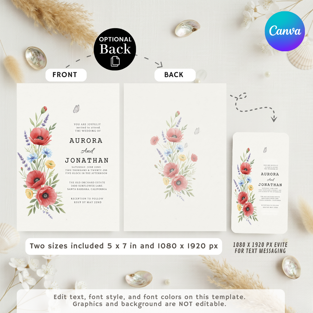 Wildflower Wedding Invitation Template | Editable Poppy Floral Invite | Rustic Garden Wedding | Printable Digital Evite | Instant Download