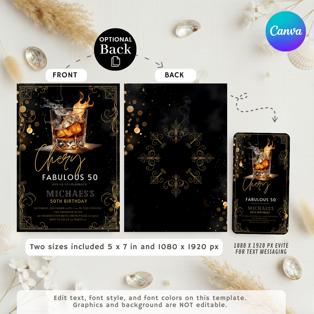 Men's 50th Birthday Invitation Template | Editable Party Invite | Black and Gold Art Deco Theme | Cheers to 50 Years | Digital Download