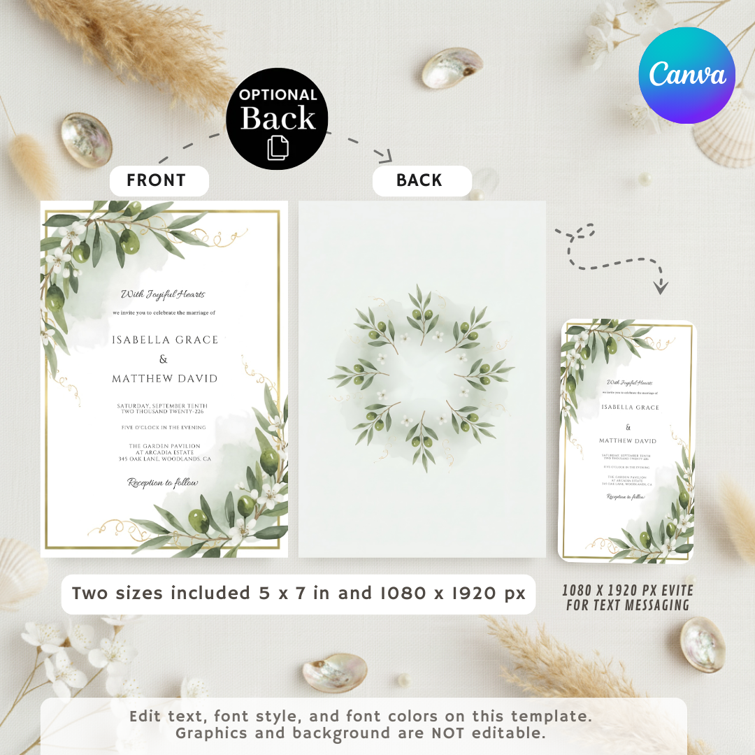 Olive Branch Wedding Invitation Template | Editable Greenery Invite | Gold Frame Rustic Wedding Stationery | Printable Instant Download