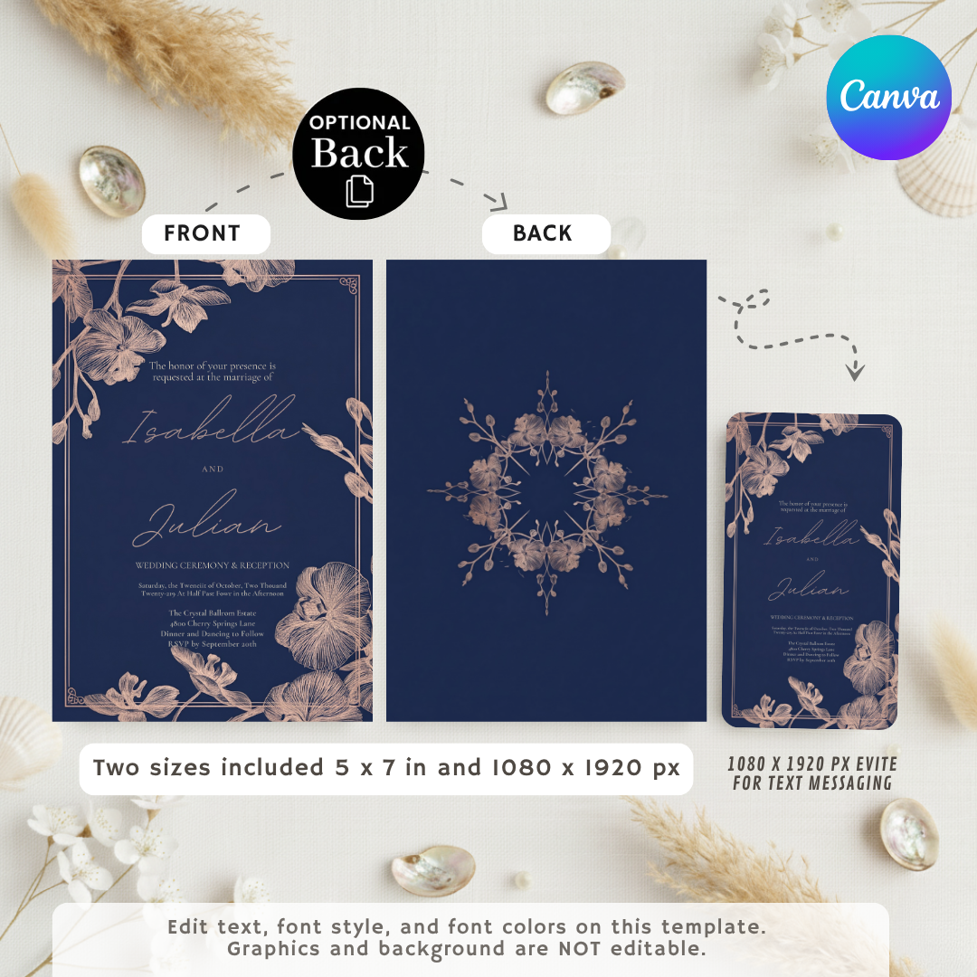 Elegant Wedding Invitation Template | Navy and Rose Gold Invite | Orchid Floral | Editable Printable Wedding Invite | Instant Download | Julian