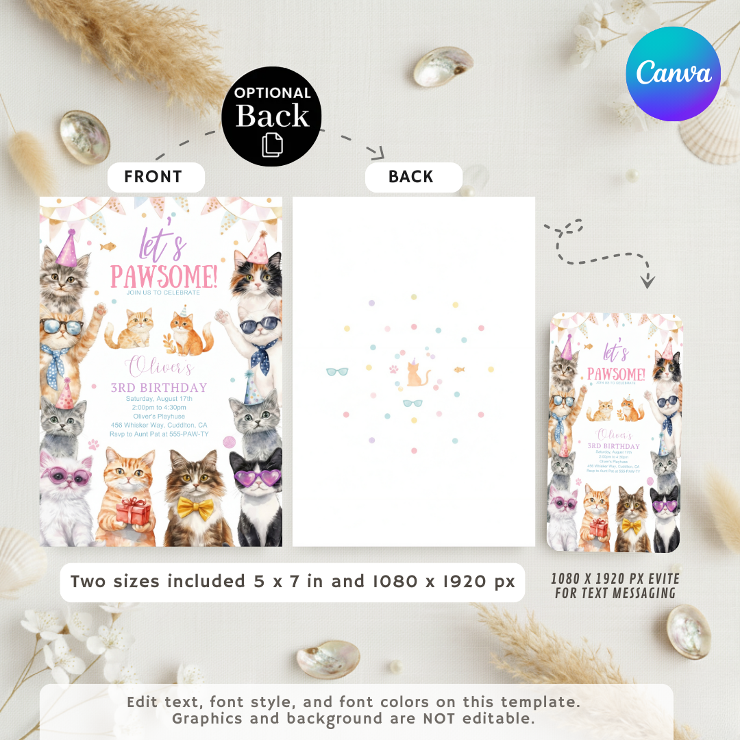 Cat Birthday Invitation Template | Pawsome Kitten Party Invite for Boy or Girl | Editable Canva Evite | Kids Pet Theme | Instant Download
