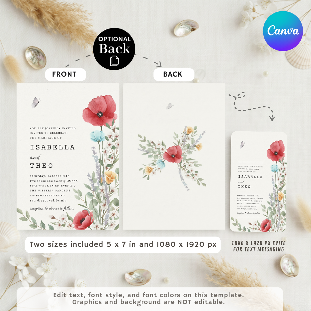 Wildflower Wedding Invitation Template | Editable Poppy Floral Invite | Rustic Garden Wedding | Printable Digital Download | Canva Template
