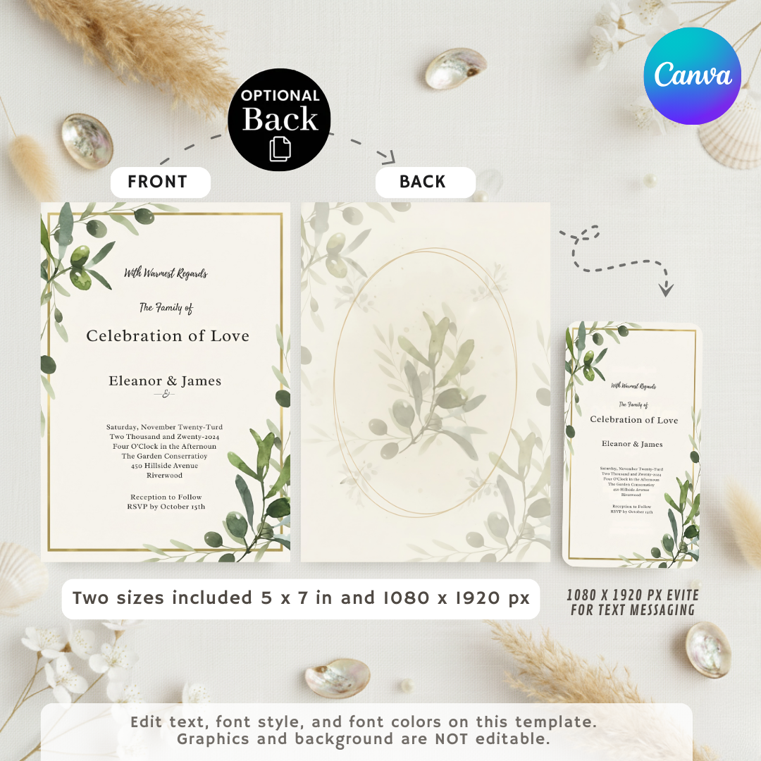Olive Branch Wedding Invitation Template | Greenery Wedding Invite | Editable Canva Template | Minimalist Botanical | Instant Download Printable