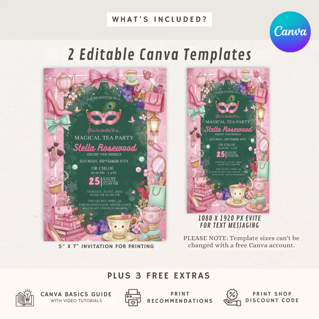 Magical Tea Party Invitation | Editable Girl's Birthday Invite | Masquerade Glam Party Template | Printable Digital Evite | Instant Download