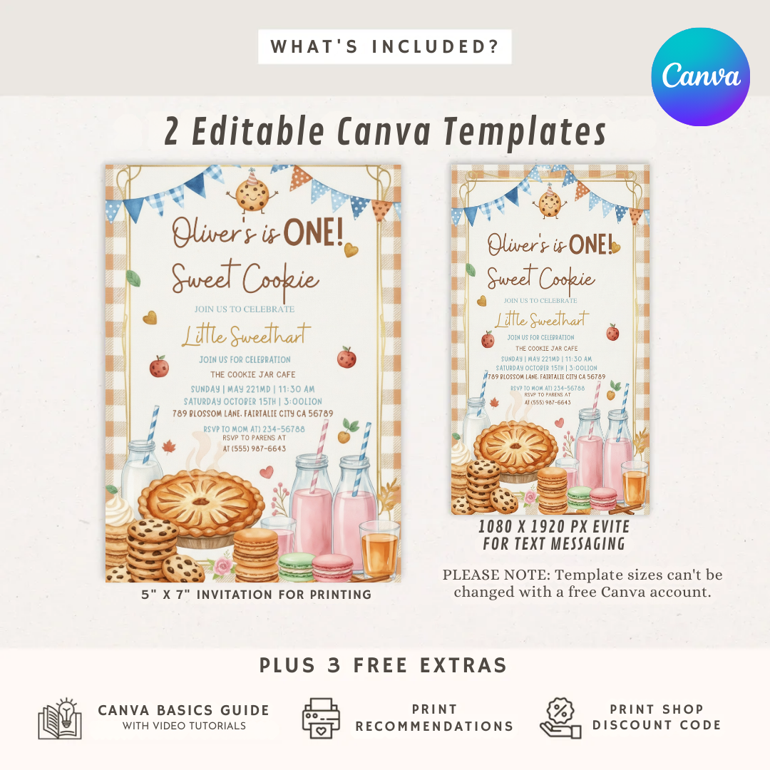 Sweet One Birthday Invite | Cookie Theme Party | Boy's 1st Birthday | Canva / Printable | Instant Download