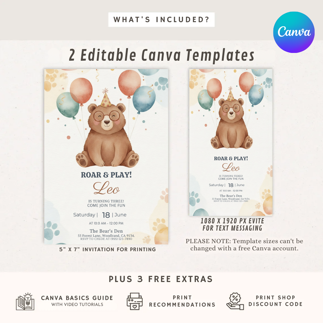 Bear 3rd Birthday Invitation Boy or Girl | Editable Woodland Animal Party Invite | Roar & Play Template | Printable Digital Instant Download