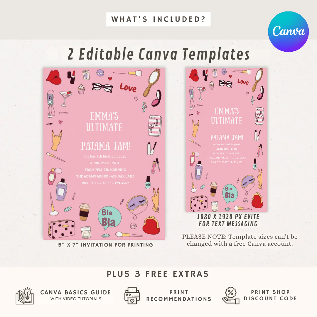 Girl's Pajama Jam Birthday Invite | Editable Sleepover Party Template | Pink Makeup Slumber Party | Instant Download | Printable Digital Evite