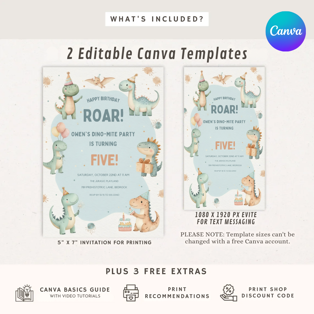 Dinosaur Birthday Invitation Editable Template | Dino-Mite Boy or Girl Party Invite | Roar First Birthday Printable | Instant Digital Download