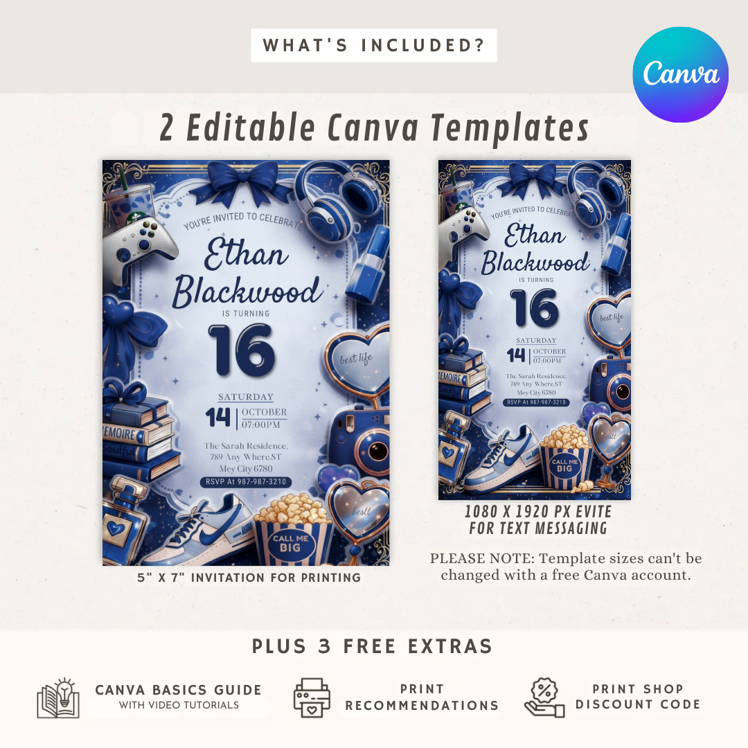 Boy's 16th Birthday Invitation | Editable Blue Aesthetic Teen Invite | Favorite Things Party Template | Digital Evite | Instant Download