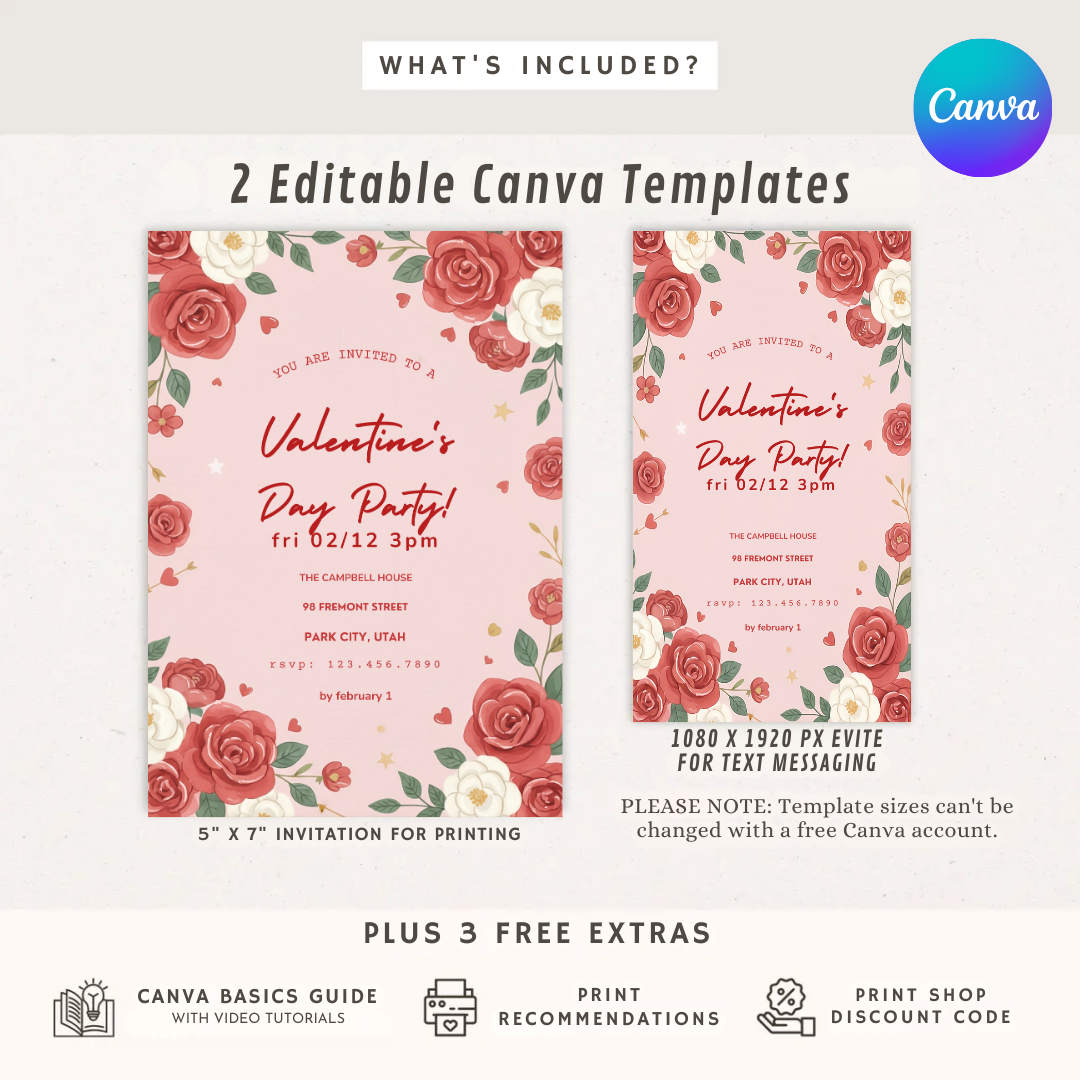 Editable Valentine's Day Party Invitation | Floral Galentine's Invite Template | Red Roses Romantic Party | Digital Printable Evite | Canva