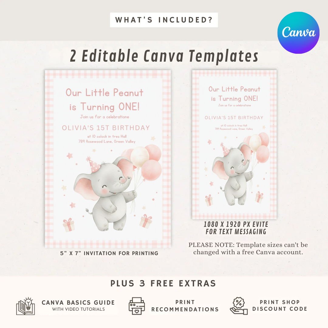 Elephant First Birthday Invitation Girl | Little Peanut is ONE Invite Template | Editable Pink Gingham Party | Printable Digital Evite