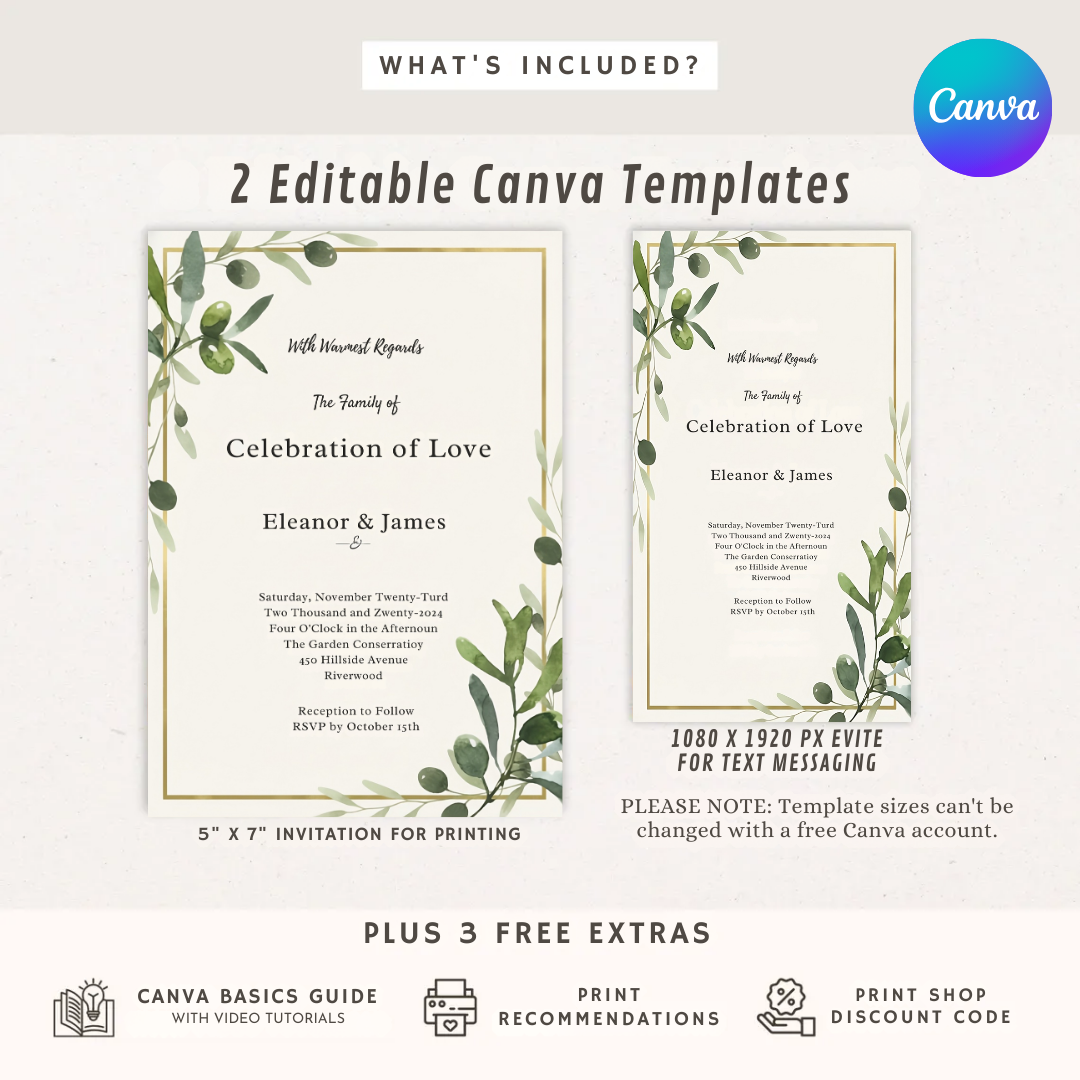 Olive Branch Wedding Invitation Template | Greenery Wedding Invite | Editable Canva Template | Minimalist Botanical | Instant Download Printable